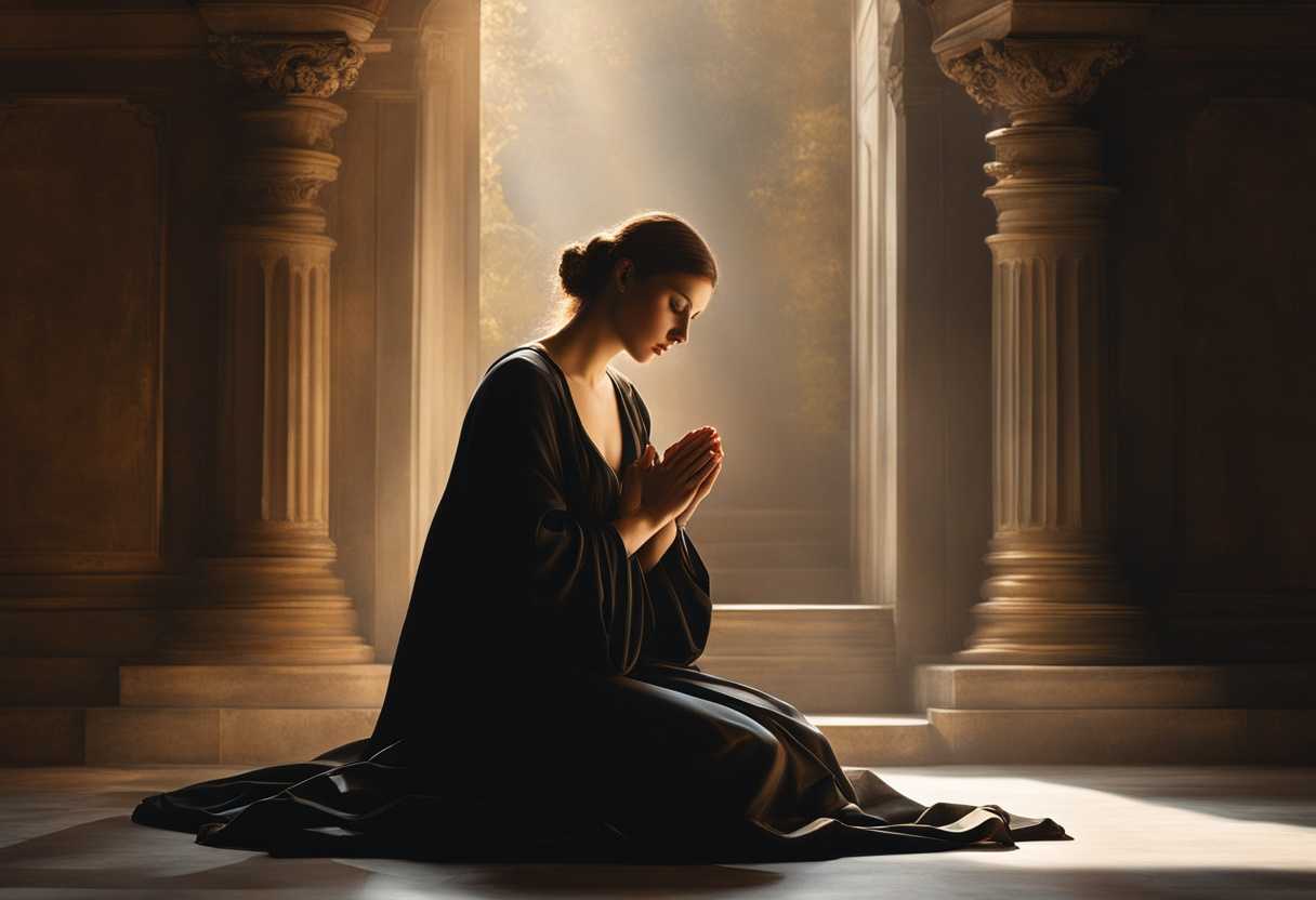 A-compassionate-figure-kneeling-in-prayer-surrounded-by-soft-light-serene-atmosphere-deep-connect_klex