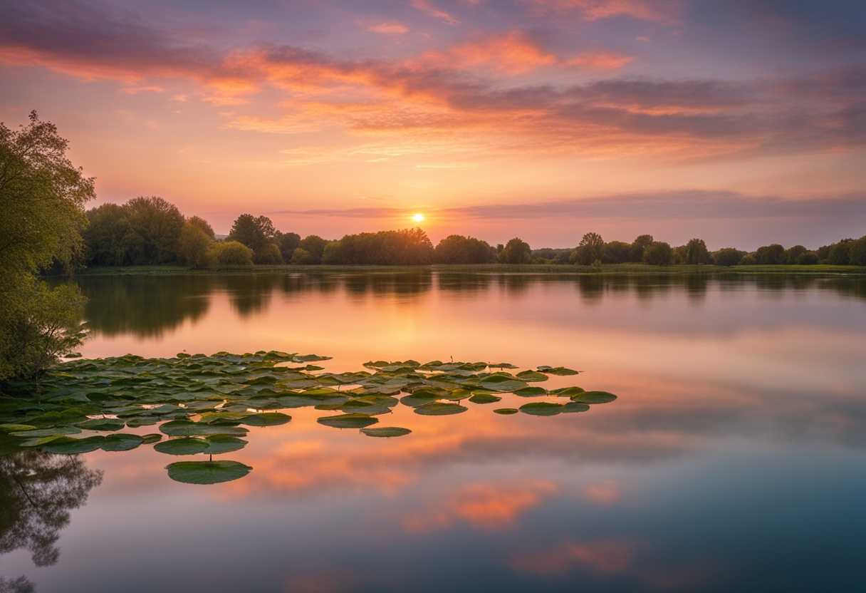 A-tranquil-sunset-over-a-peaceful-lake-gentle-ripples-soft-colors-serene-atmosphere-reflective-m_ewqb