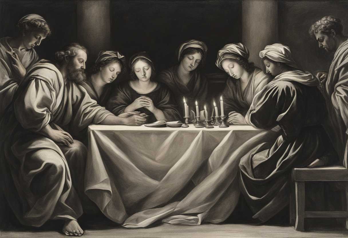 A-group-of-people-with-heads-bowed-hands-clasped-seeking-guidance-in-candlelit-serenity_jqta