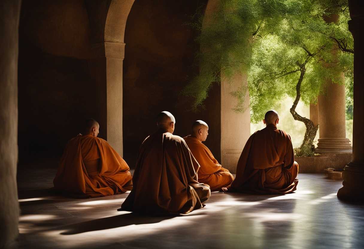 Serene-monks-in-tranquil-monastery-meditative-poses-soft-light-lush-greenery-peaceful-atmosphere_iqly
