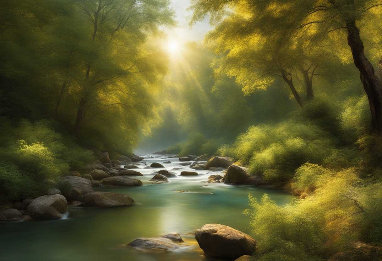 Serene-landscape-gentle-river-flowing-soft-sunlight-filtering-through-lush-trees-tranquil-harmony_wpsa