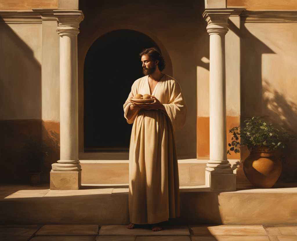 person-holding-tithe-in-front-of-storehouse-sunlight-pouring-through-windows-warm-ethereal-glow-p