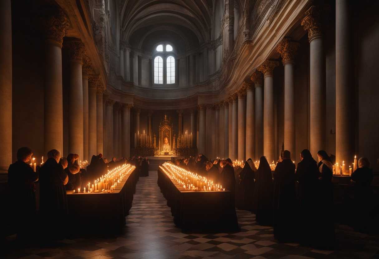 Serene-scene-of-a-candlelit-chapel-devoted-worshippers-praying-to-Virgin-Mary-peaceful-ambiance_pkvi