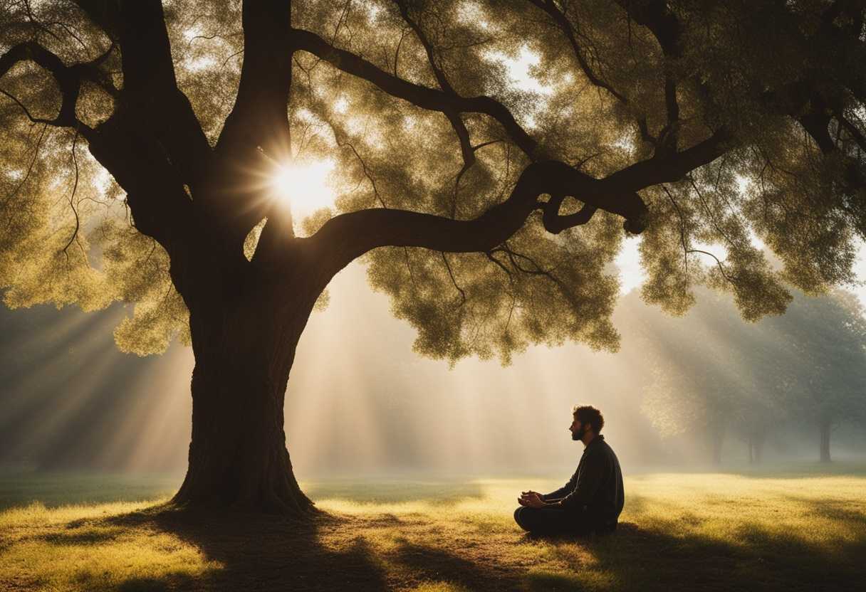 Serene-figure-meditating-under-a-tree-soft-sunlight-filtering-through-leaves-tranquil-atmosphere-_sizy