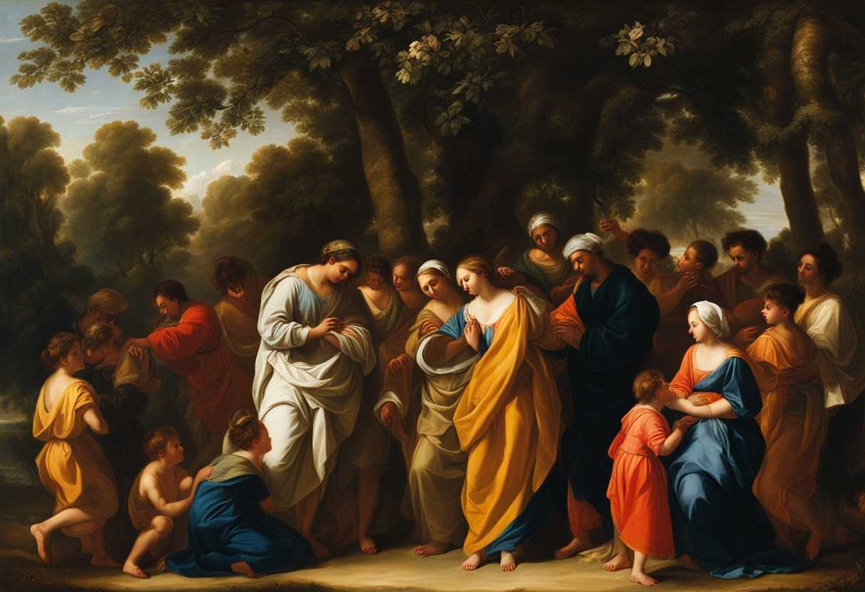 A-diverse-group-prays-under-sunlit-trees-children-play-adults-embrace-unity-in-vibrant-attire_nkvu