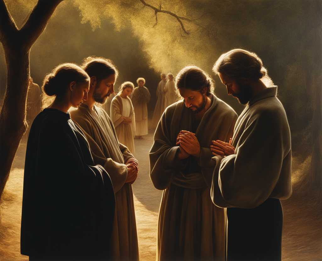 group-of-people-standing-in-a-circle-heads-bowed-in-prayer-warm-sunlight-filtering-through-trees-