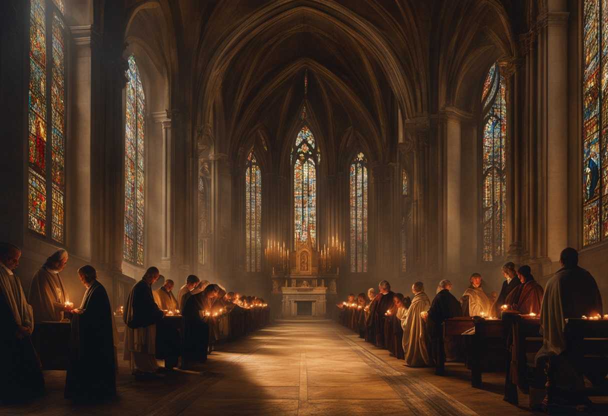 A-serene-church-scene-individuals-in-prayer-illuminated-by-stained-glass-and-flickering-candles_cgum