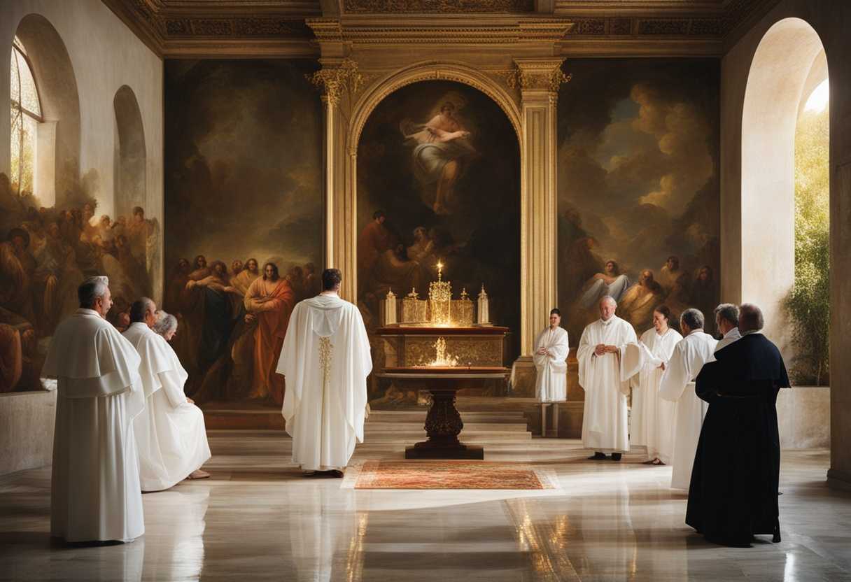 Baptism-ceremony-serene-water-priest's-support-sunlight-halo-white-robes-symbolize-purity-and-fa_dpvi