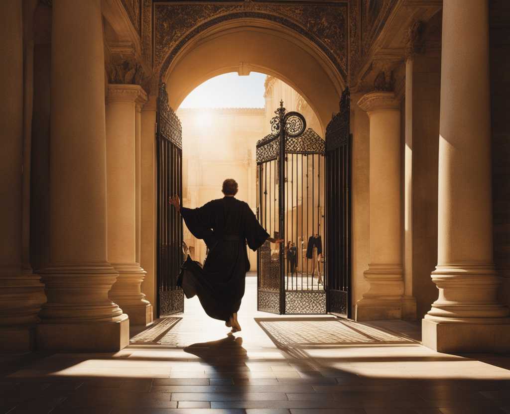 person-entering-gates-and-courts-mid-stride-arms-outstretched-warm-sunlight-ancient-architecture