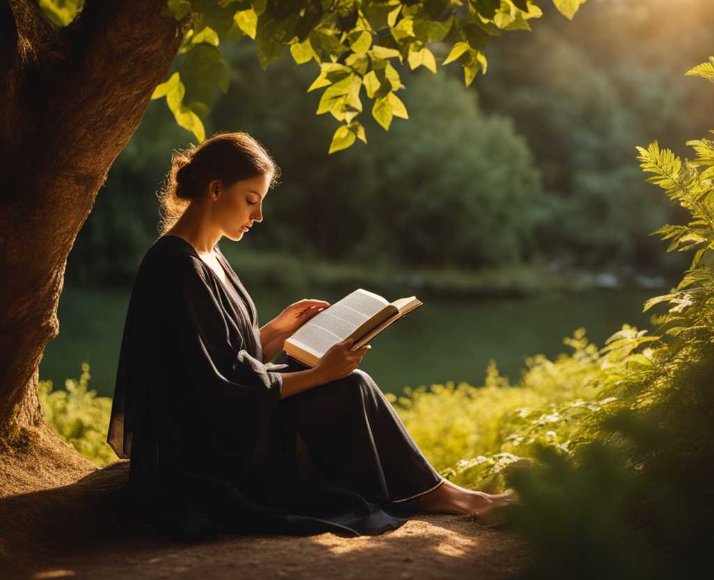 person-reading-Bible-in-peaceful-natural-setting-serene-atmosphere-warm-sunlight-lush-greenery-t