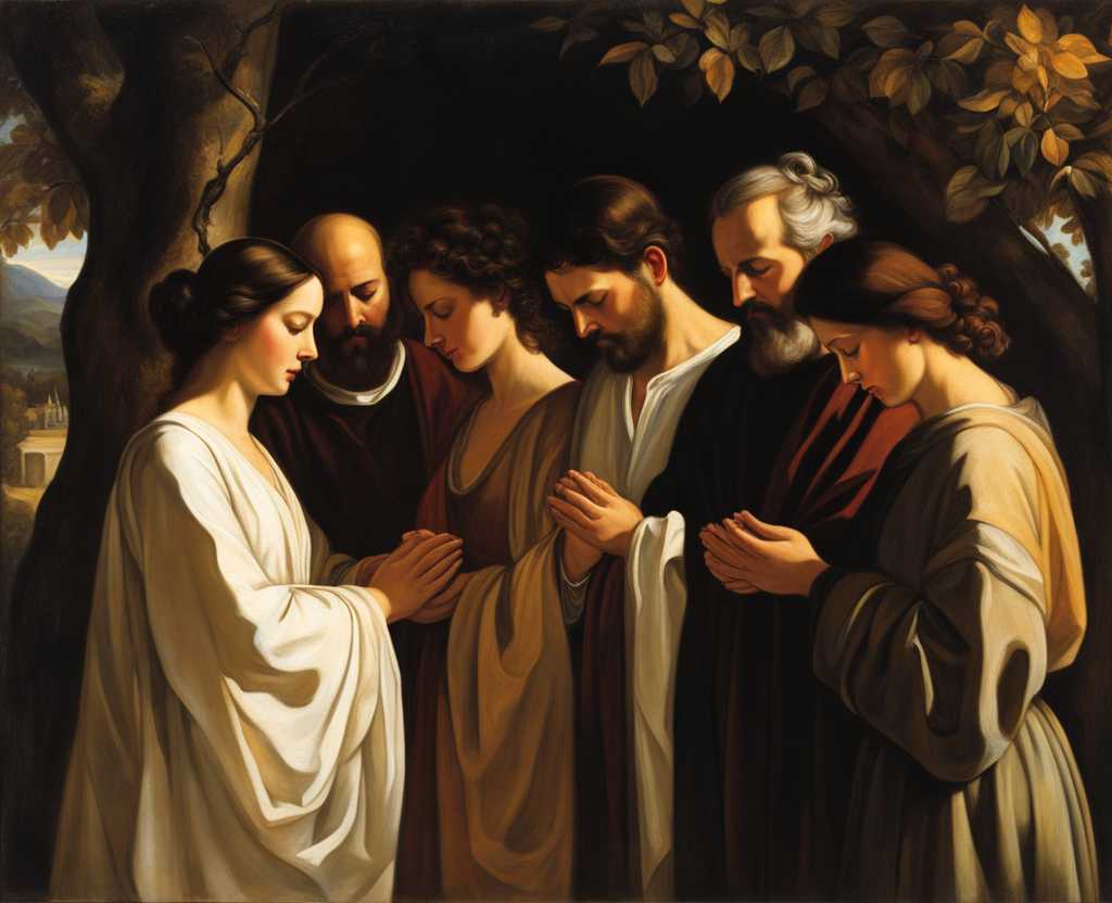 group-of-people-standing-in-a-circle-heads-bowed-in-prayer-warm-sunlight-filtering-through-trees-