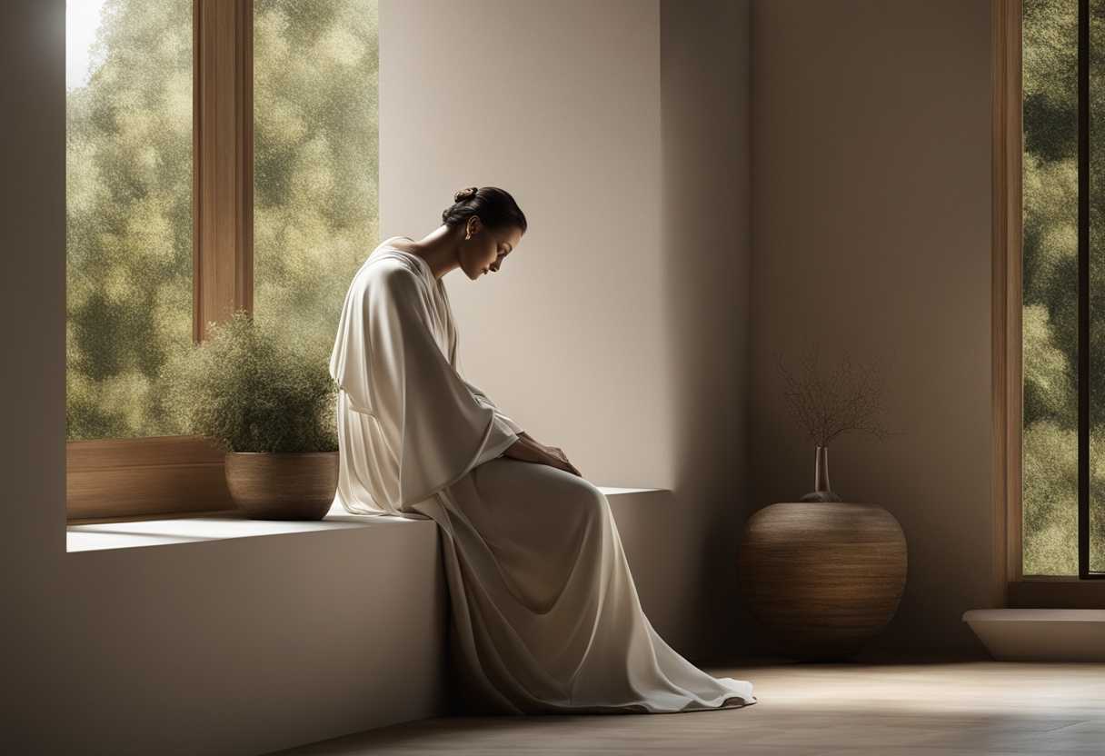 A-serene-figure-in-prayer-illuminated-by-gentle-light-surrounded-by-nature's-tranquility_lynd