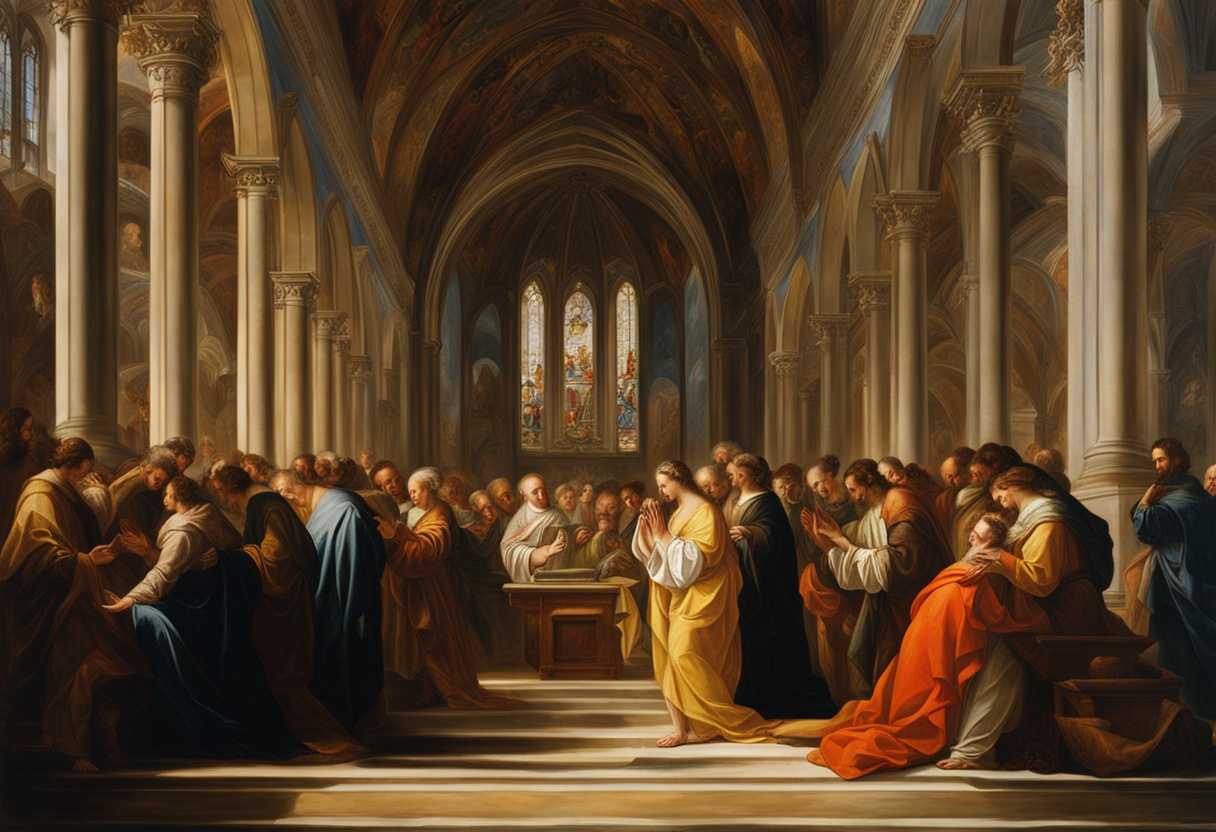 A-serene-gathering-in-a-sunlit-church-hands-raised-in-prayer-vibrant-stained-glass-glowing_dsbb