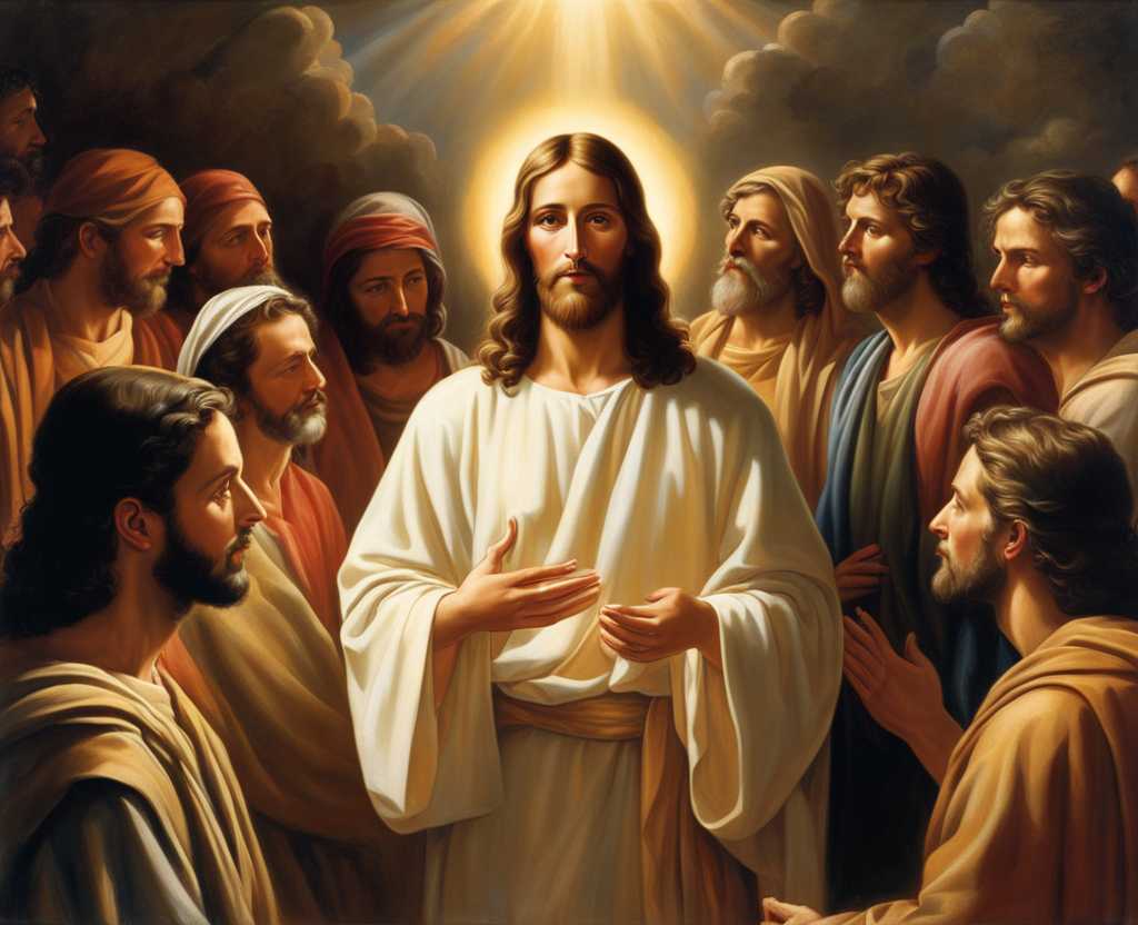 Jesus-surrounded-by-a-group-of-people-his-face-illuminated-by-a-soft-radiant-light-The-people-arou