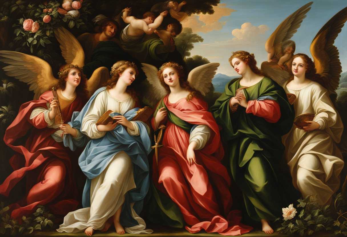 Vibrant-saints-and-angels-in-flowing-robes-smiling-amidst-lush-greenery-radiating-peace-and-compas_azqs