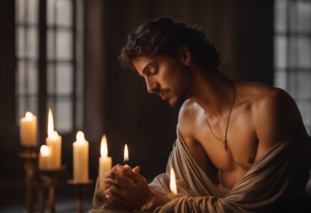 Devout-individual-praying-to-Saint-Sebastian-candlelight-flickering-serene-atmosphere-hope-and-re_pcul