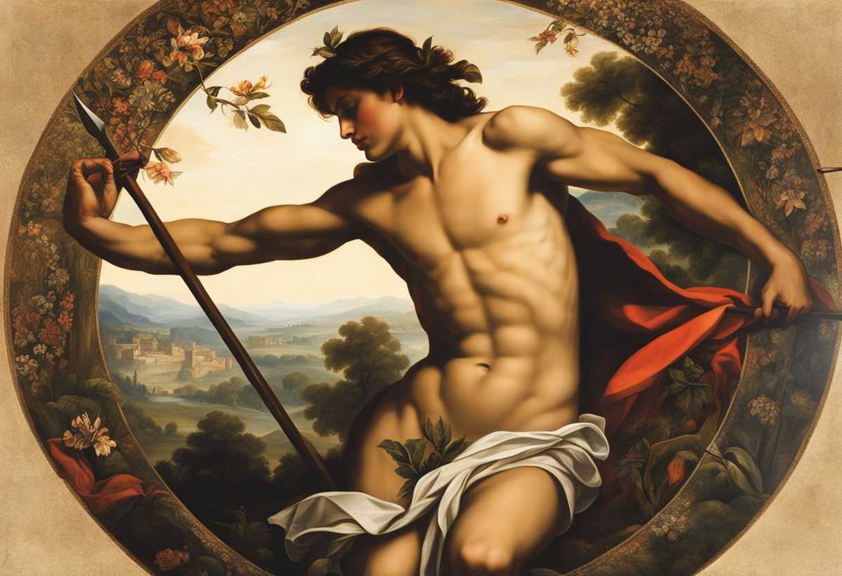 Saint-Sebastian-surrounded-by-serene-nature-arrows-symbolizing-trials-peaceful-expression-etherea_ylbb