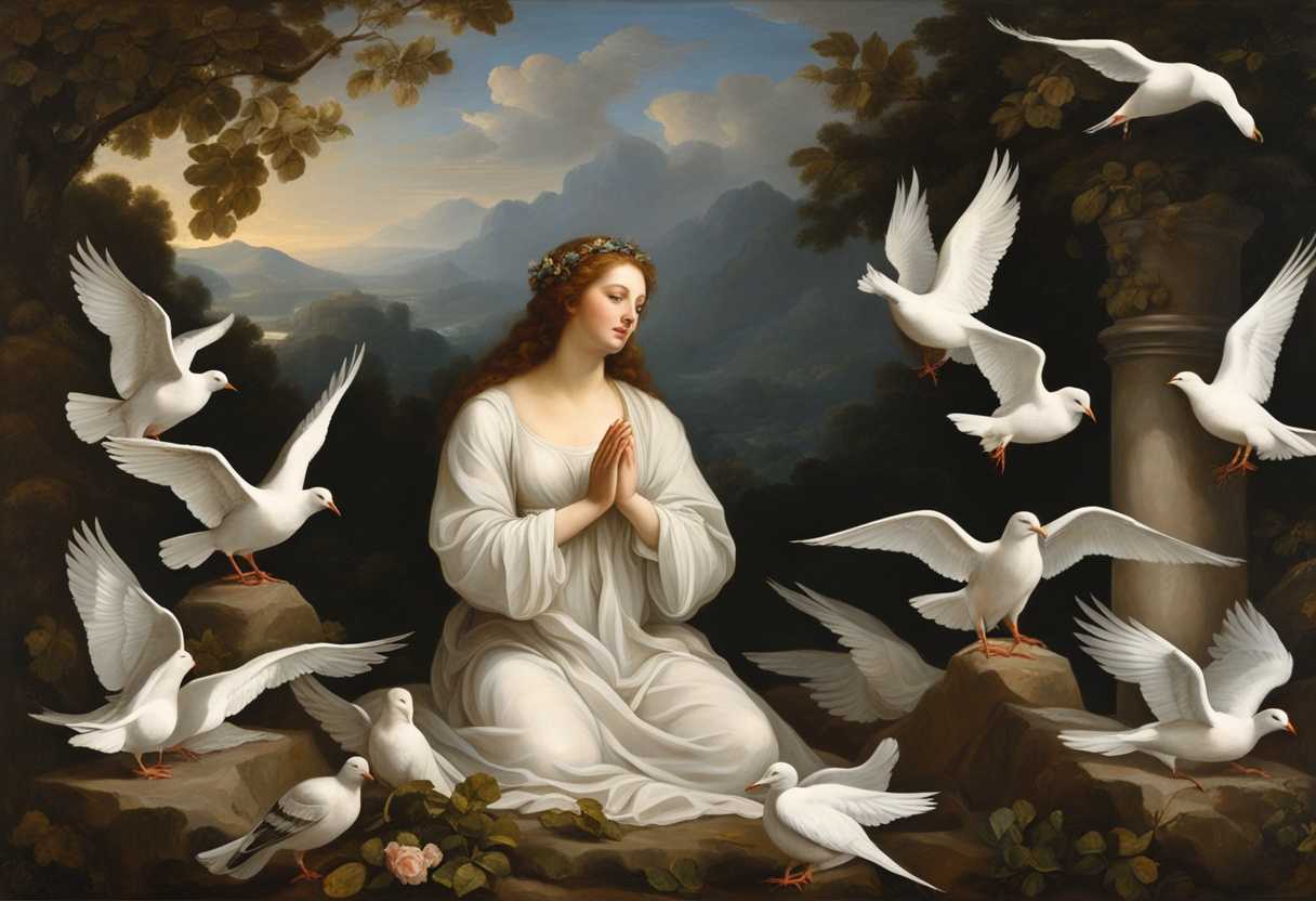 Serene-figure-in-nature-hands-raised-in-prayer-surrounded-by-doves-radiating-peace-and-compassion_taut