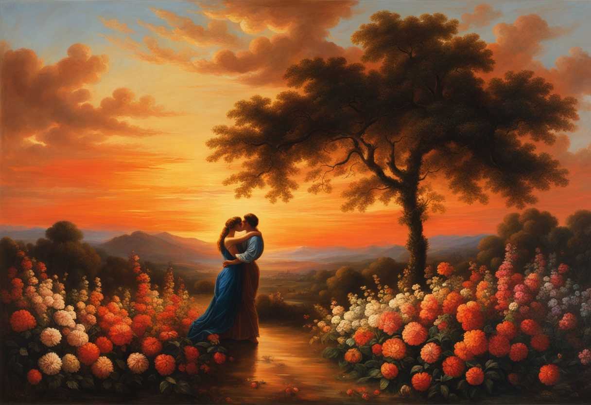 Two-figures-embracing-under-a-vibrant-sunset-surrounded-by-blooming-flowers-radiating-warmth-and-u_kmjt