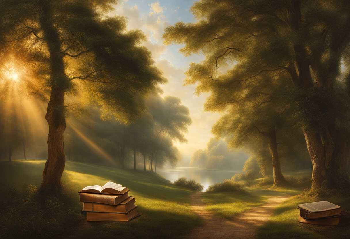 Serene-landscape-sunlight-filtering-through-trees-open-book-with-St-Ignatius-words-peaceful-refl_jxql