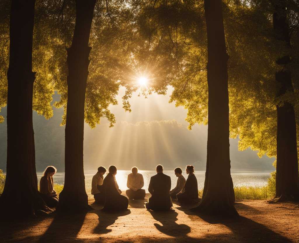 group-of-people-standing-in-a-circle-heads-bowed-in-prayer-sunlight-streaming-through-trees-seren
