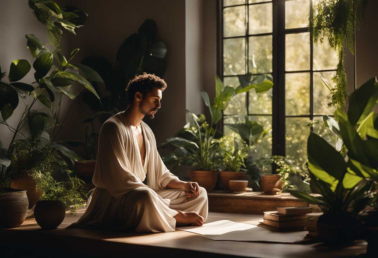Serene-workspace-sunlight-streaming-in-focused-individual-meditating-surrounded-by-calming-plants_trds