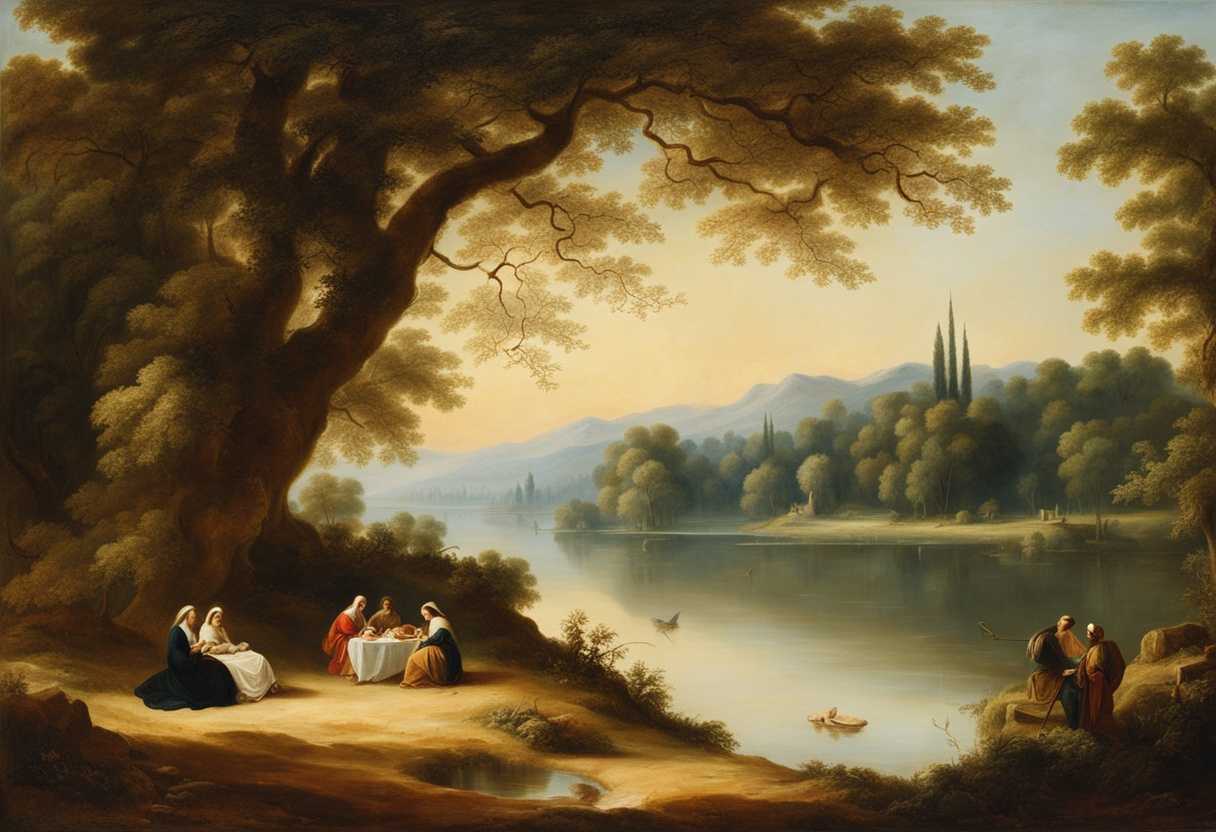 Serene-landscape-tranquil-lake-weary-travelers-resting-under-ancient-trees-soft-sunlight-peacefu_kghw