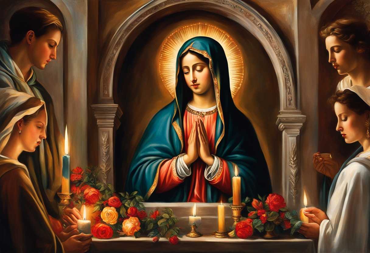 Devout-individuals-praying-together-candles-lit-vibrant-flowers-serene-atmosphere-honoring-Our-L_dehg