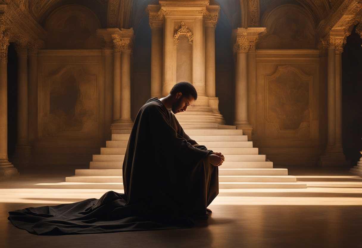 Person-kneeling-in-prayer-serene-atmosphere-soft-light-filtering-through-focused-expression-peac_kdvc