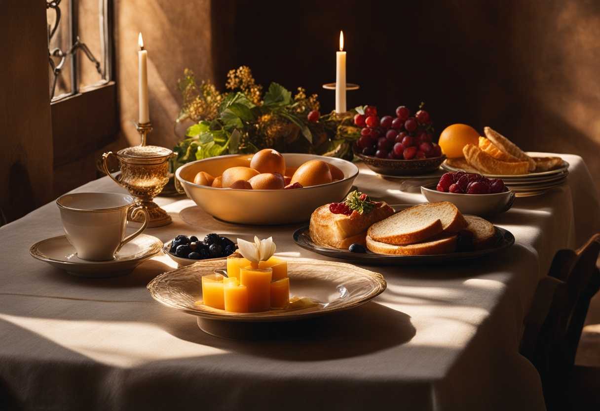 Cozy-breakfast-table-hands-clasped-in-prayer-warm-sunlight-streaming-delicious-food-serene-atmos_aeto