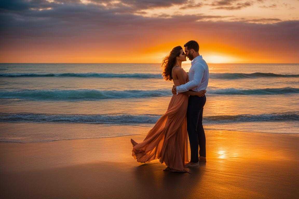 couple-standing-on-a-beach-at-sunset-vibrant-hues-of-the-setting-sun-arms-wrapped-around-each-othe