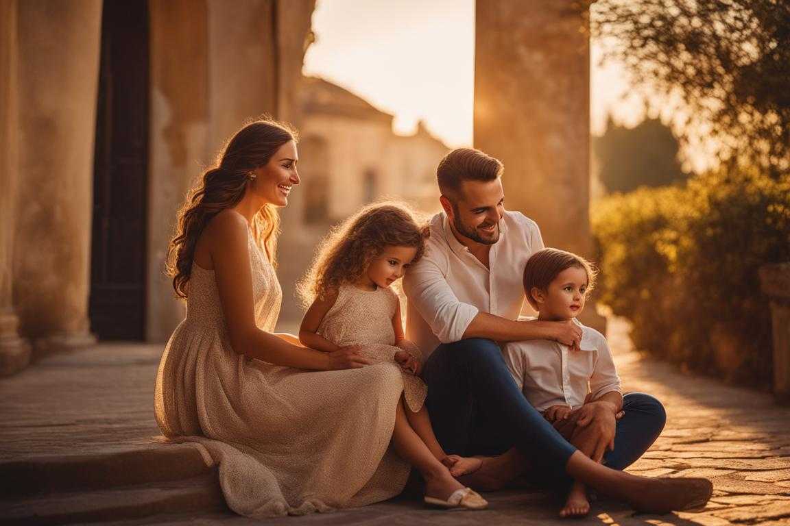 family-of-four-mother-father-two-young-children-golden-light-setting-sun-warm-and-intimate-atm