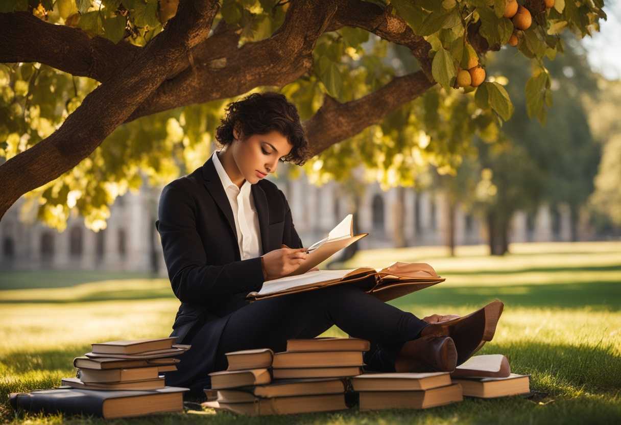 A-thoughtful-student-journaling-under-a-tree-surrounded-by-books-serene-atmosphere-warm-sunlight_qdvz