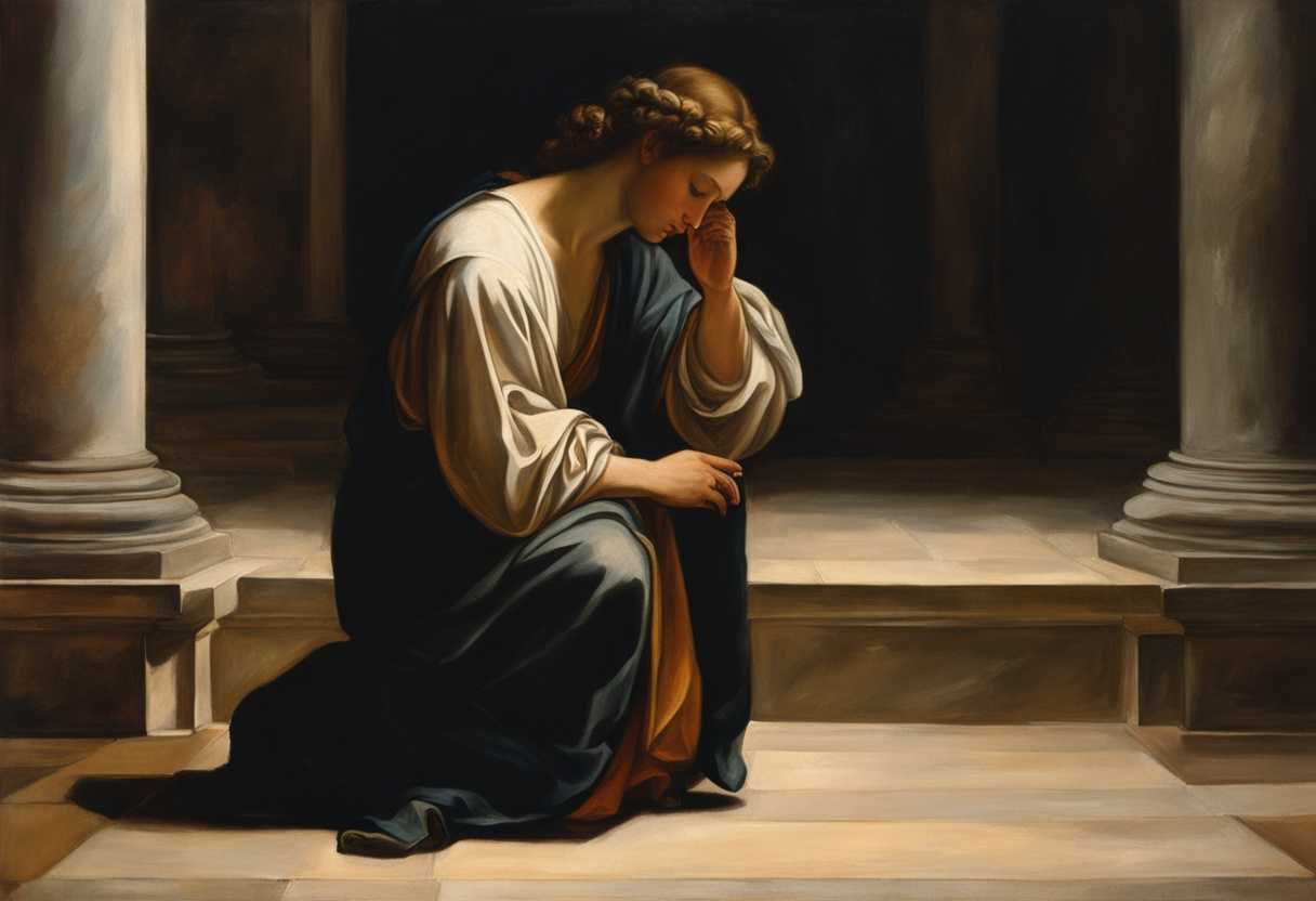 A-humble-figure-kneeling-in-prayer-soft-light-illuminating-their-tear-streaked-face-serene-atmosph_mcbt