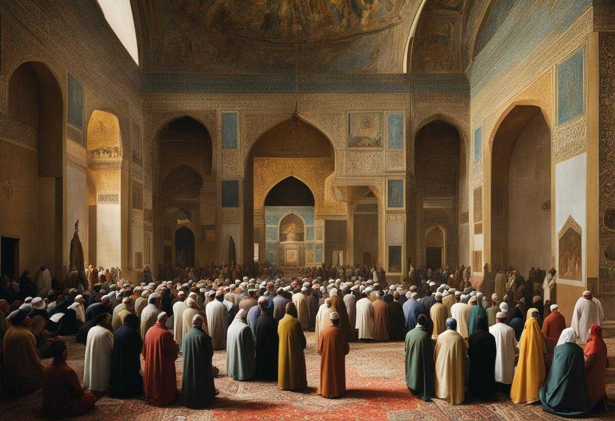 Men-and-women-gather-for-Friday-prayer-listening-to-the-imam's-sermon-seeking-blessings-from-Allah_oiez