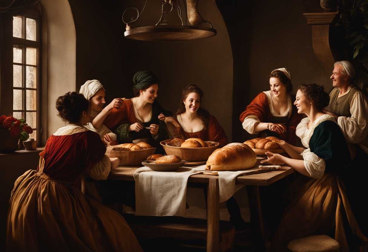 Warm-inviting-kitchen-friends-gathered-around-a-rustic-table-sharing-freshly-baked-bread-laughte_wleo