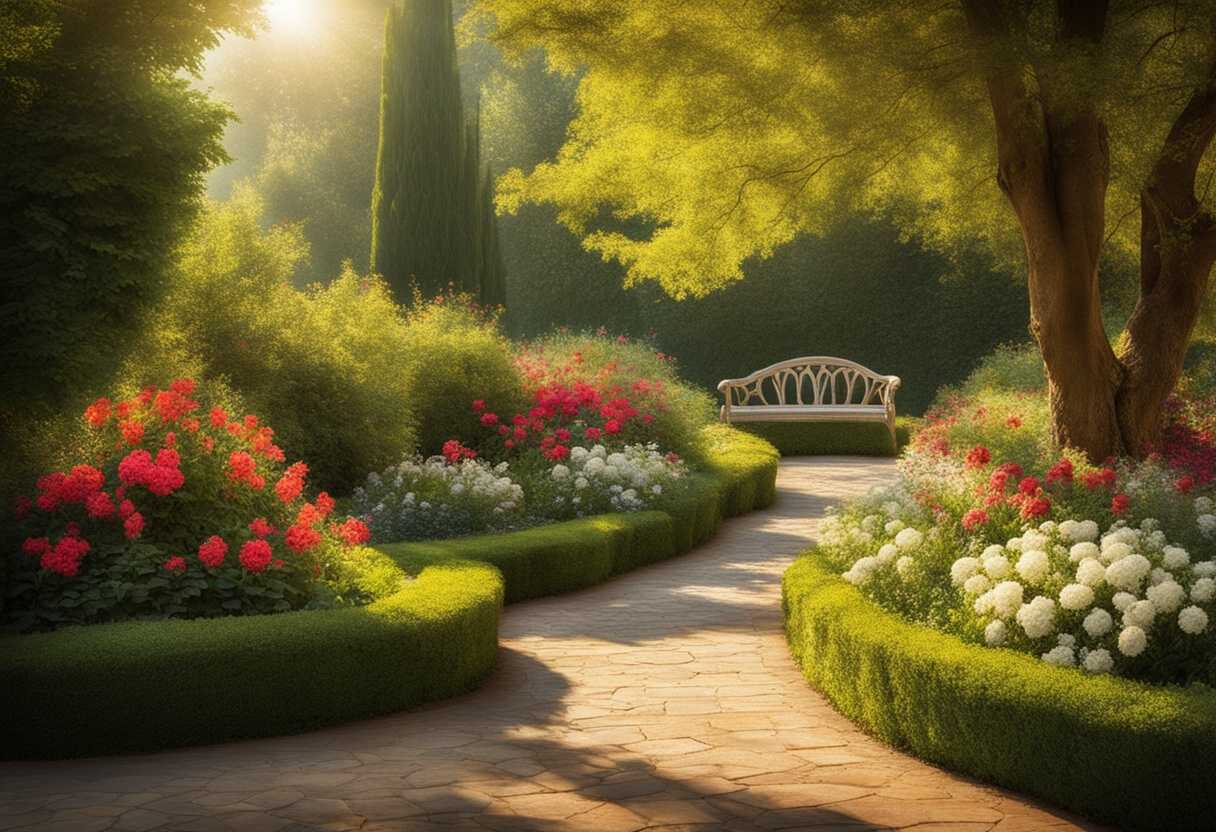 Tranquil-garden-scene-soft-sunlight-filtering-through-trees-gentle-breeze-blooming-flowers-peace_bucu