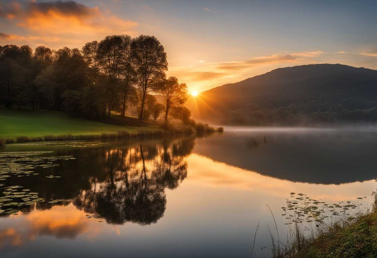 Sunrise-over-a-tranquil-lake-soft-light-illuminating-a-wise-elder-sharing-insights-serene-atmosphe_uavy