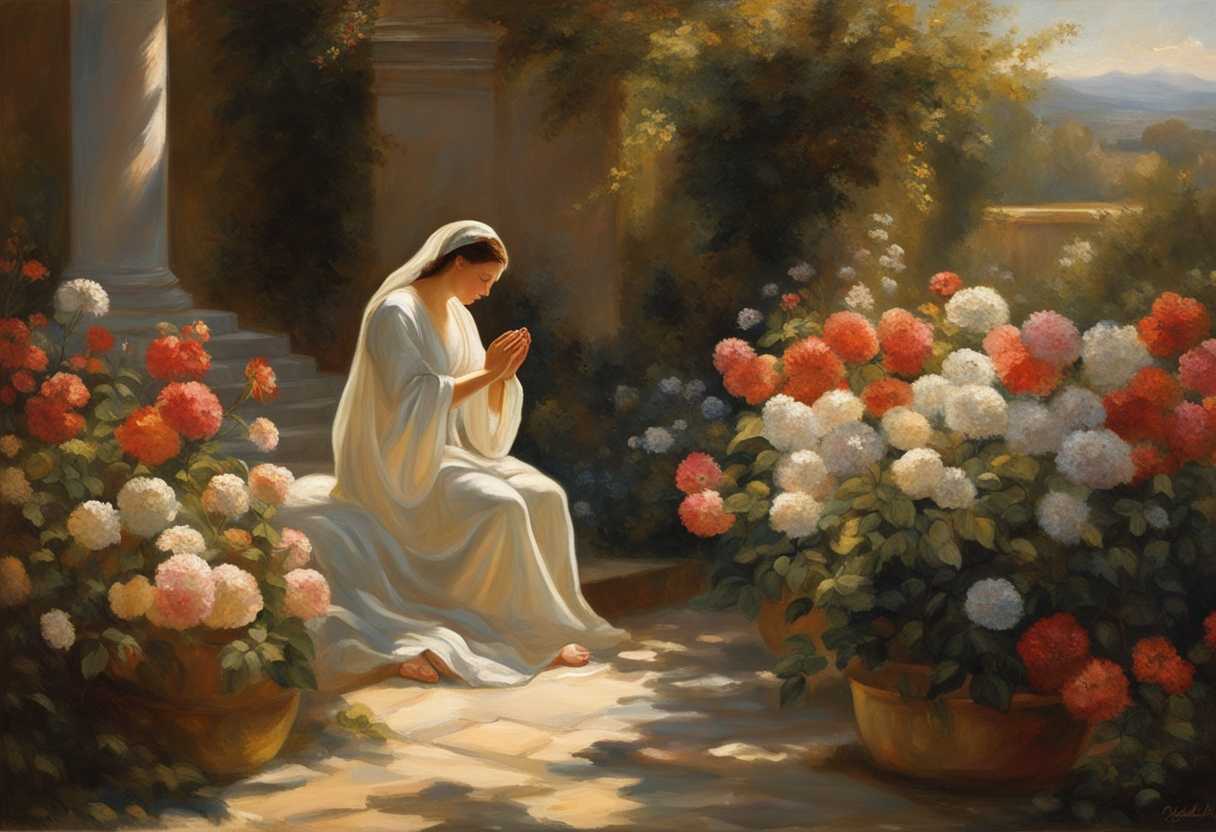 A-serene-figure-praying-in-a-sunlit-garden-surrounded-by-blooming-flowers-peaceful-atmosphere_qiai