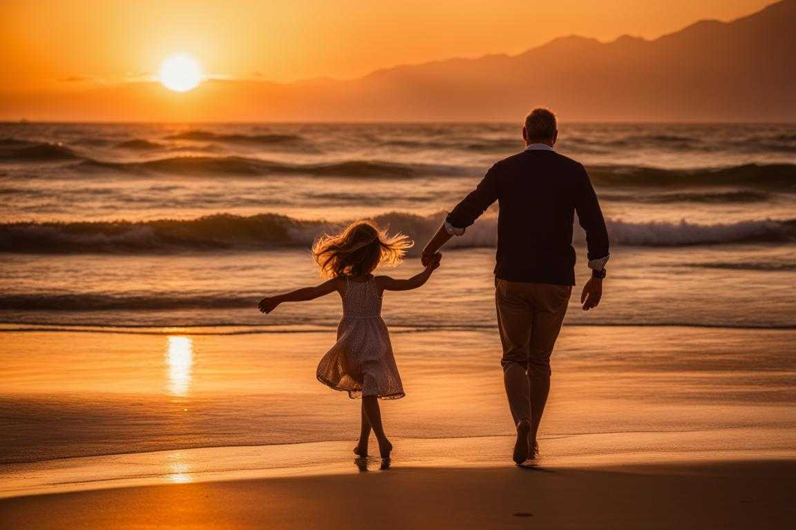 father-and-daughter-on-sun-drenched-beach-golden-horizon-hand-in-hand-skipping-along-water's-edge