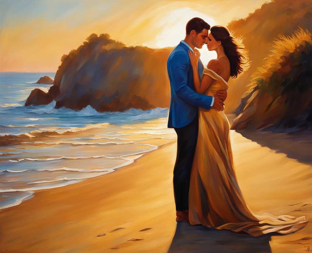 couple-standing-on-a-beach-at-sunset-vibrant-hues-of-the-setting-sun-arms-wrapped-around-each-othe