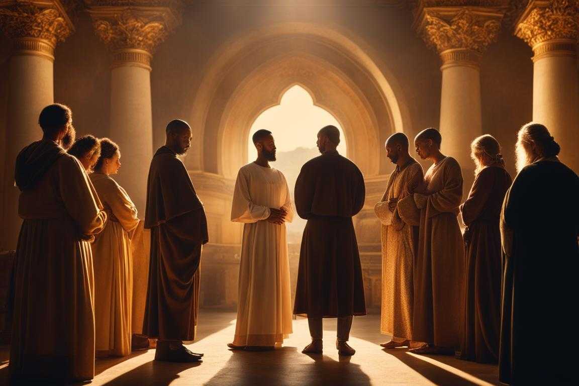 group-of-people-standing-in-a-circle-heads-bowed-in-prayer-warm-golden-light-serene-expressions-