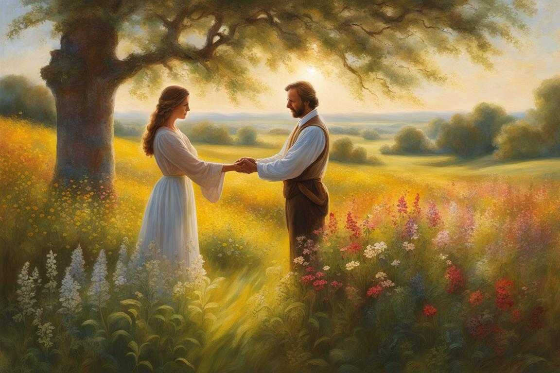 man-and-woman-standing-in-a-field-of-wildflowers-holding-hands-in-prayer-sunlight-filtering-throug