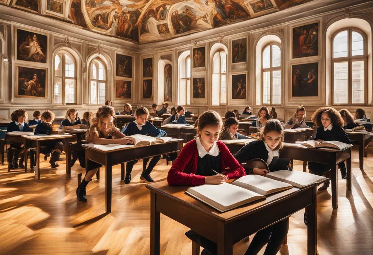 Bright-classroom-filled-with-eager-students-a-passionate-teacher-and-scattered-books_tvdd