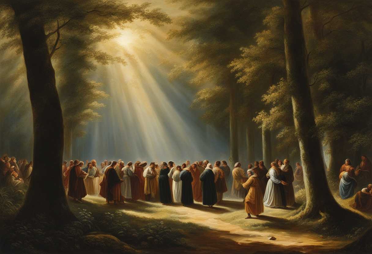 People-gather-in-a-sunlit-forest-clearing-praying-together-with-a-sense-of-unity-and-peace_hwtw