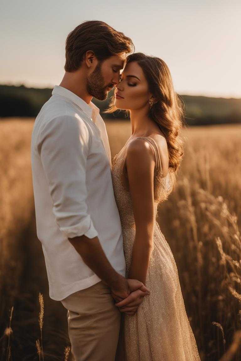 man-and-woman-standing-in-a-field-holding-hands-heads-tilted-towards-each-other-capturing-a-tende
