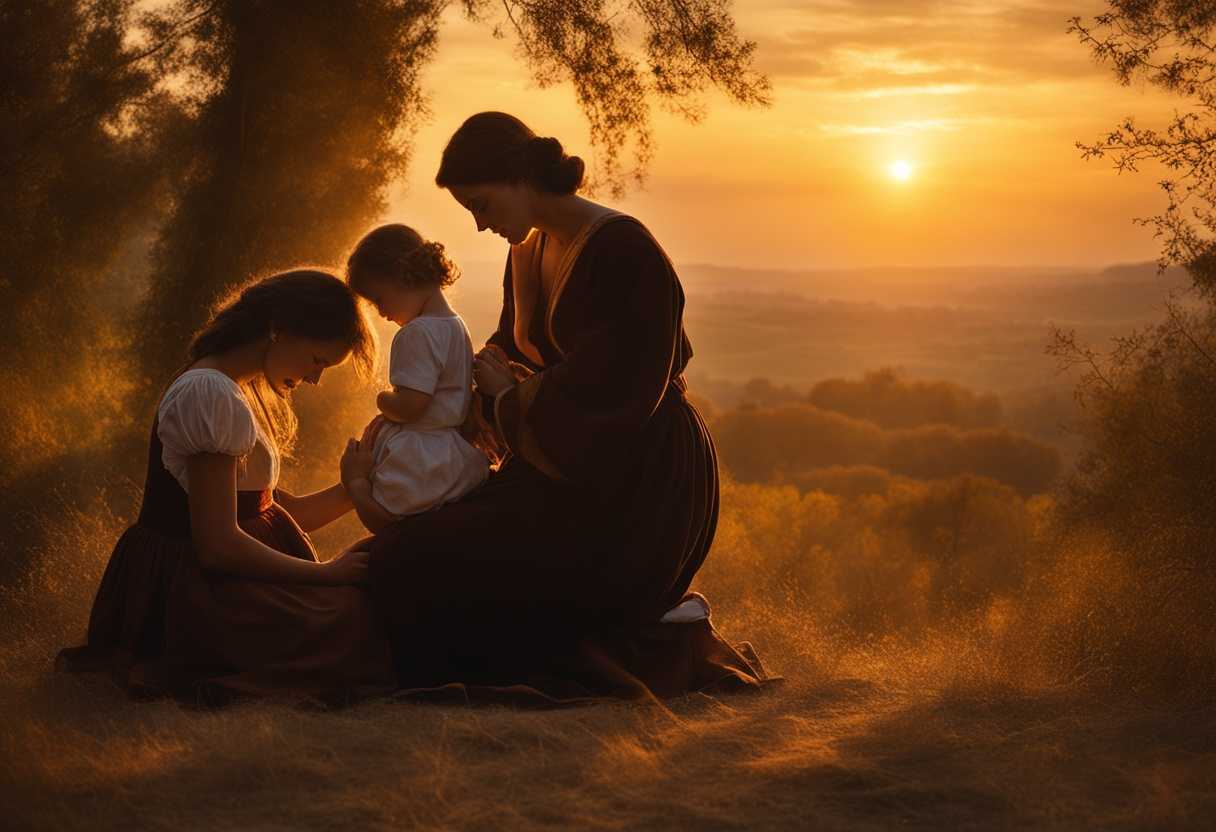 Family-embraces-in-prayer-at-sunset-bathed-in-golden-light-radiating-peace-and-unity_acij
