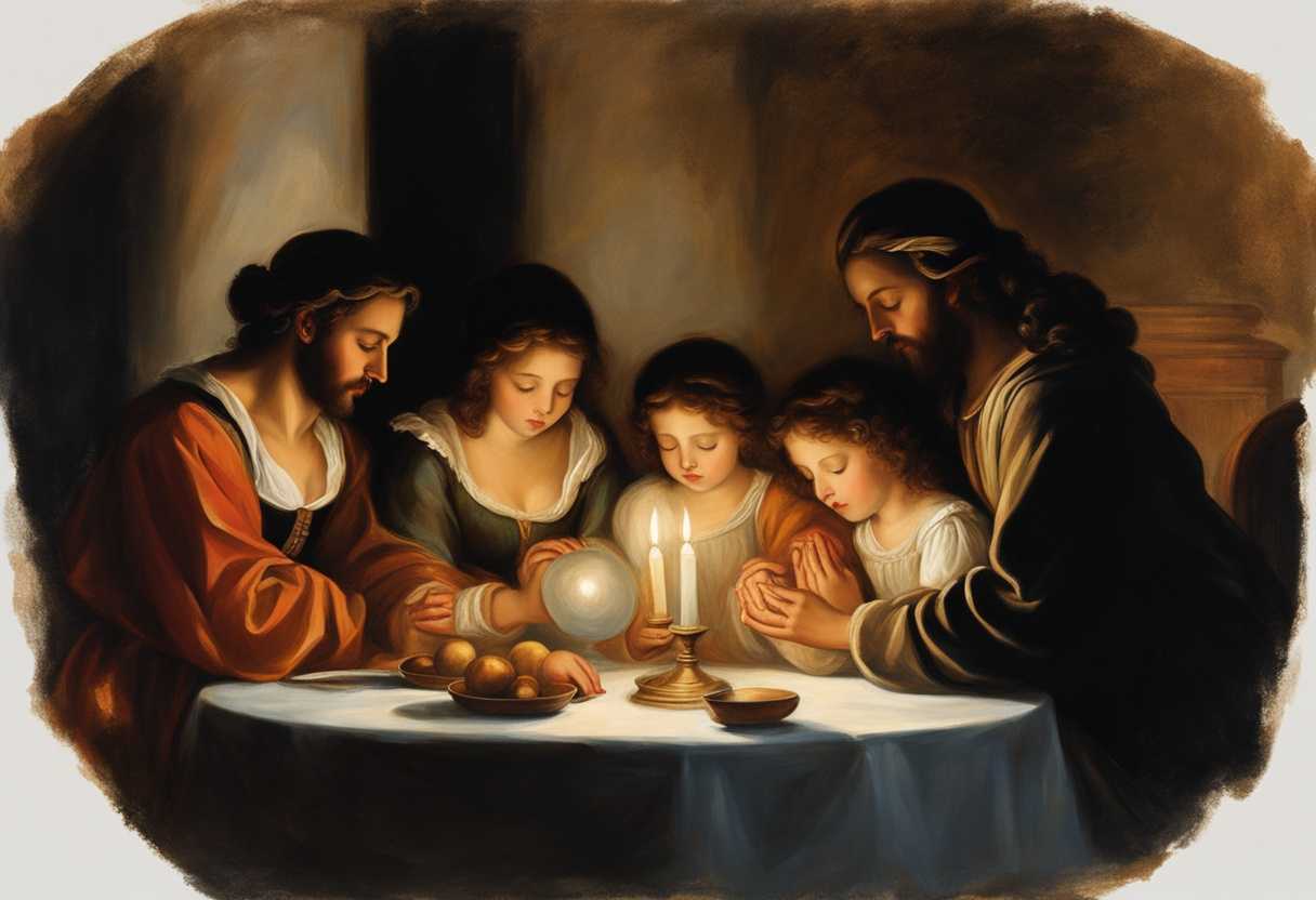 Family-gathers-in-soft-lamplight-heads-bowed-in-prayer-hands-clasped-hearts-connected-in-faith_fkau