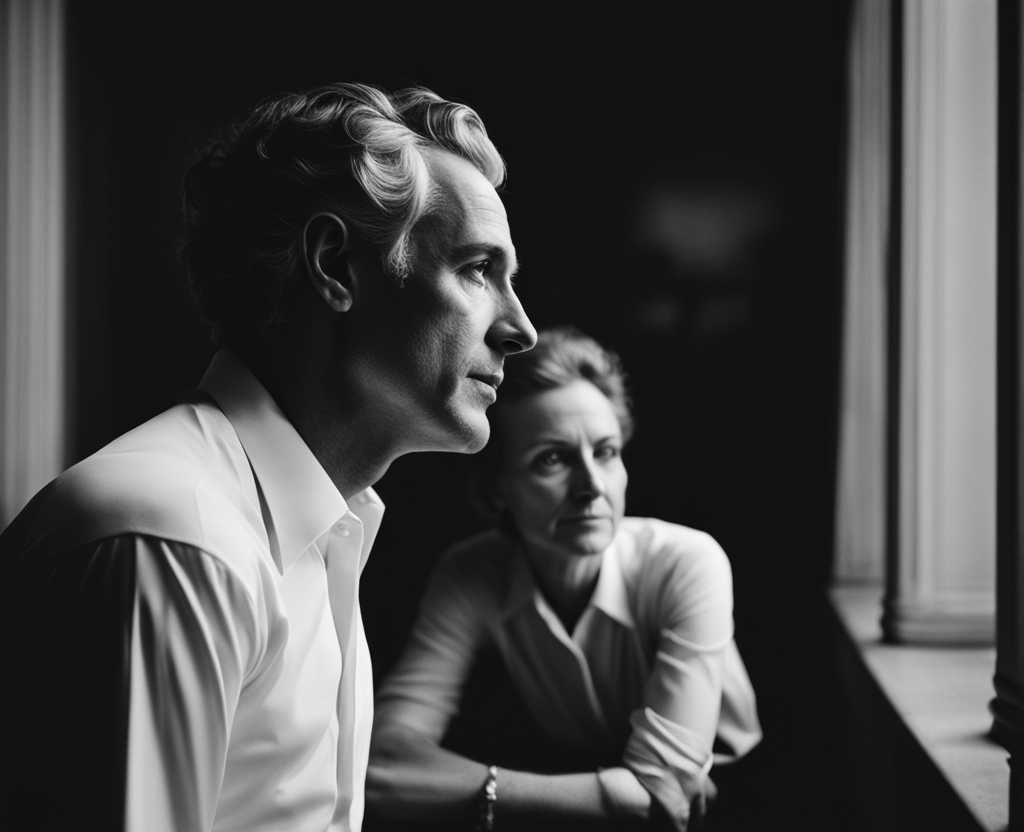 black-and-white-photograph-of-James-and-another-person-in-deep-conversation-sincere-emotion-natura