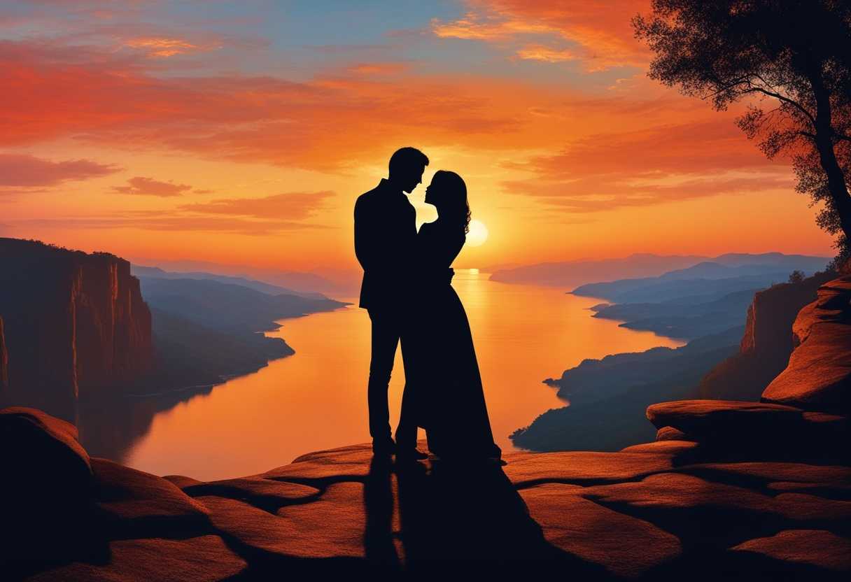 Couple-in-love-embraces-on-cliff-at-sunset-silhouettes-intertwined-eyes-reflecting-warm-sky_imbx